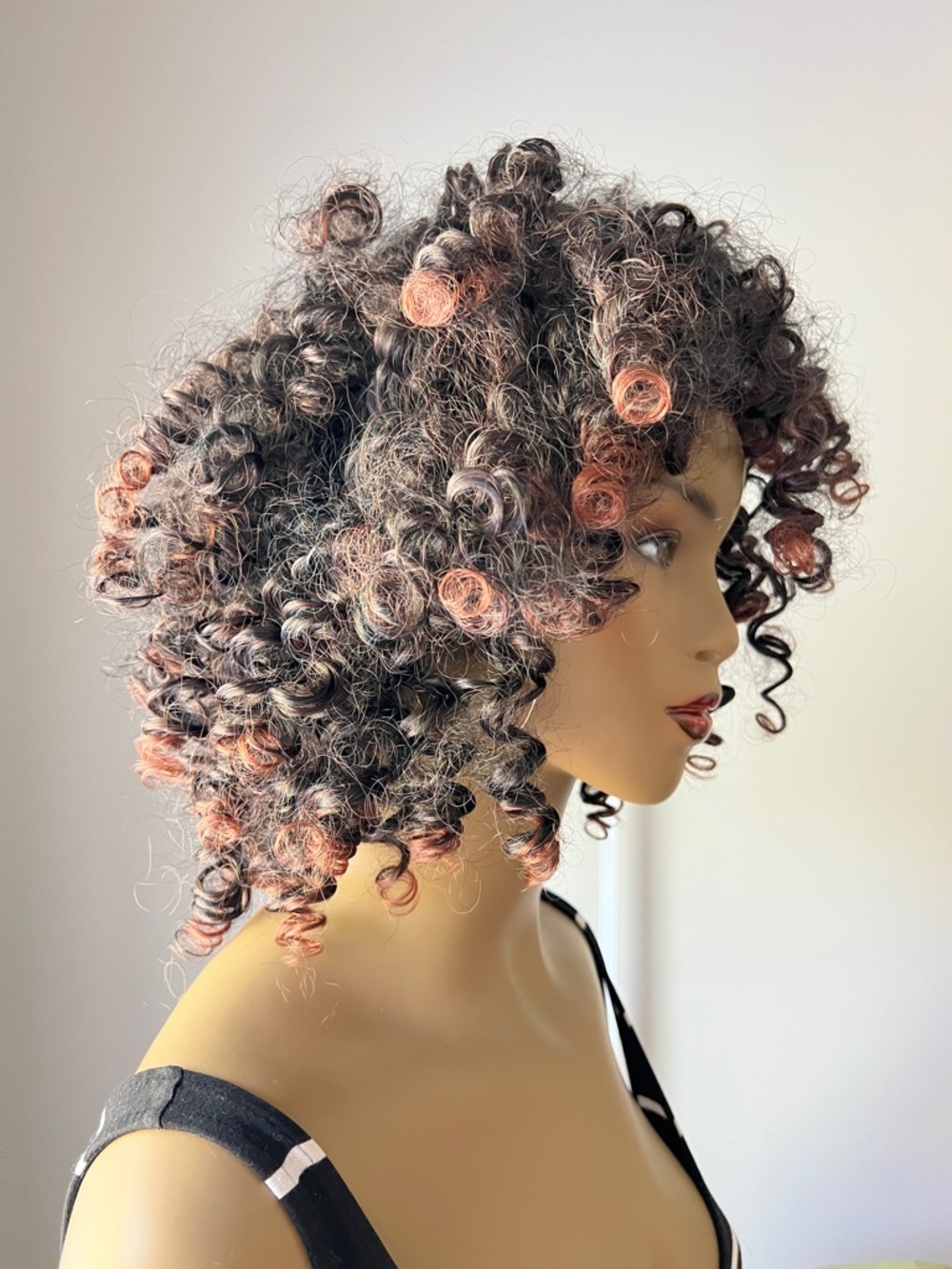Amazon Short Curly Synthetic Wig in Black with Rose Gold Highlights